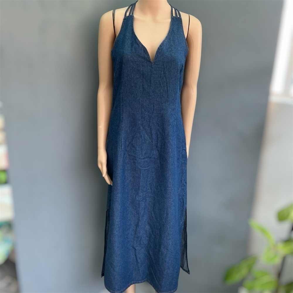 Vintage Y2K 90s Fitted Maxi 100% Cotton Denim Jean Strappy Racerback Dress M